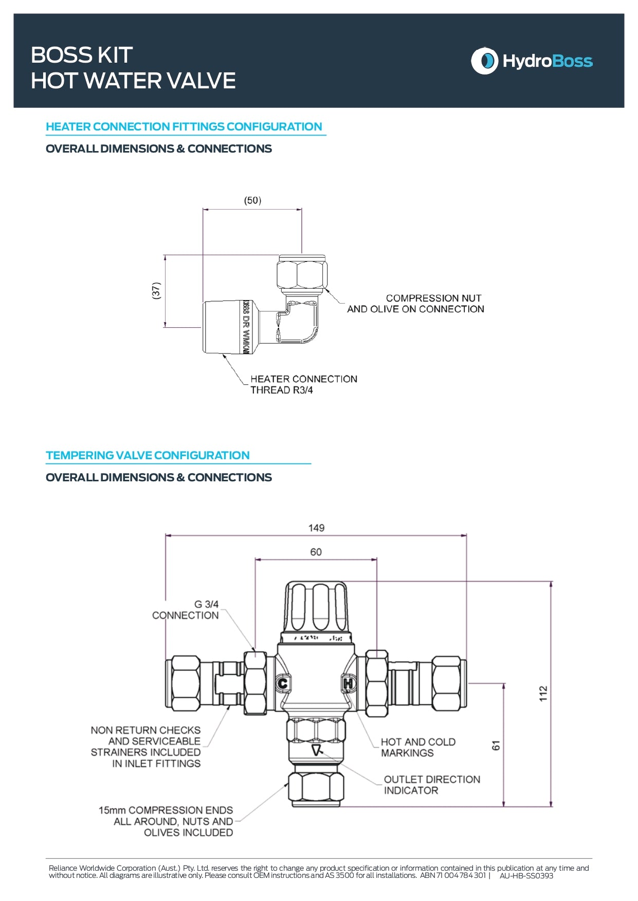 Hydroboss - Hot Water Valve Connection Kit 15mm