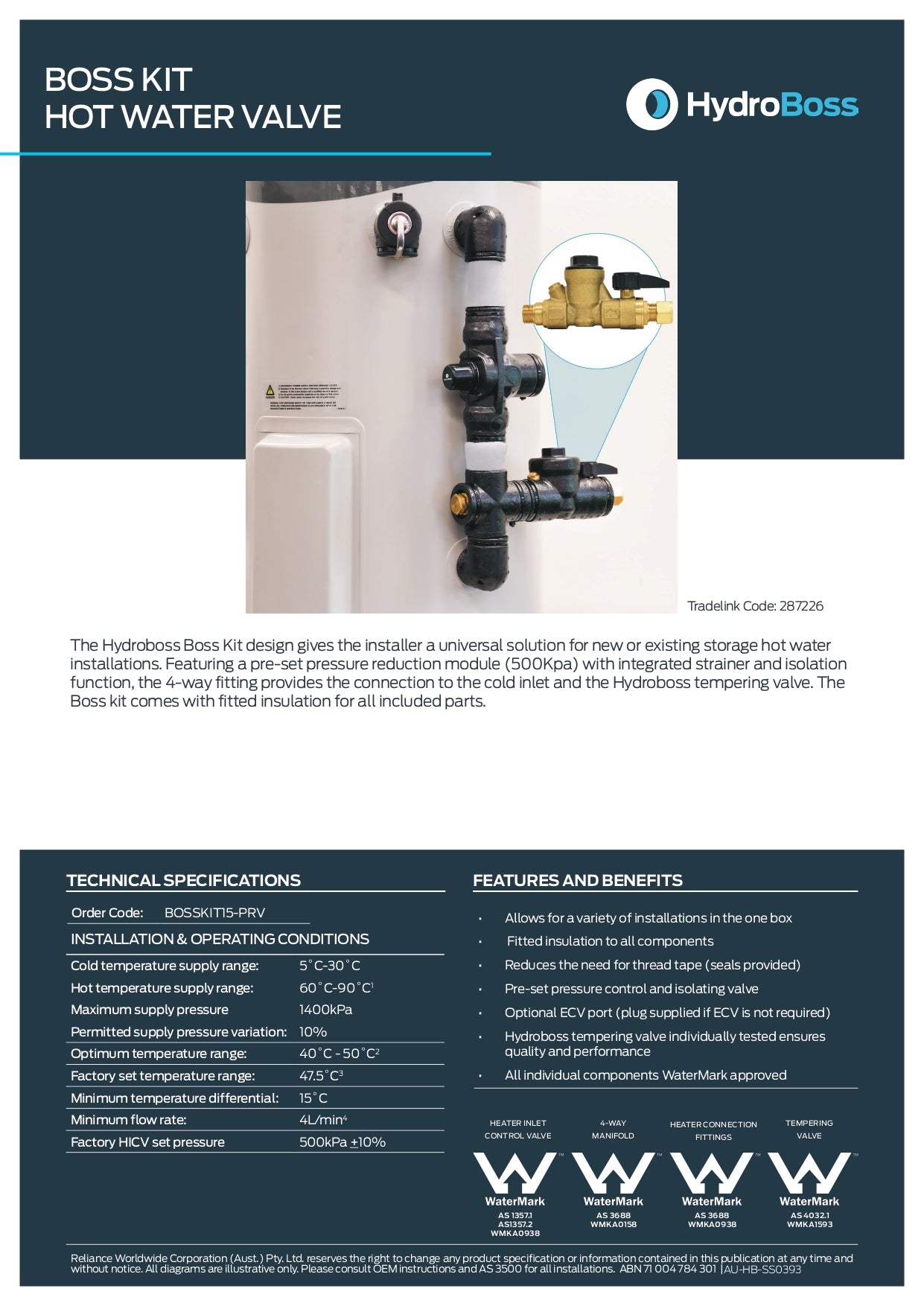 Hydroboss - Hot Water Valve Connection Kit 15mm
