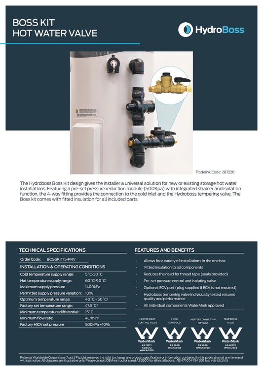 Hydroboss - Hot Water Valve Connection Kit 15mm