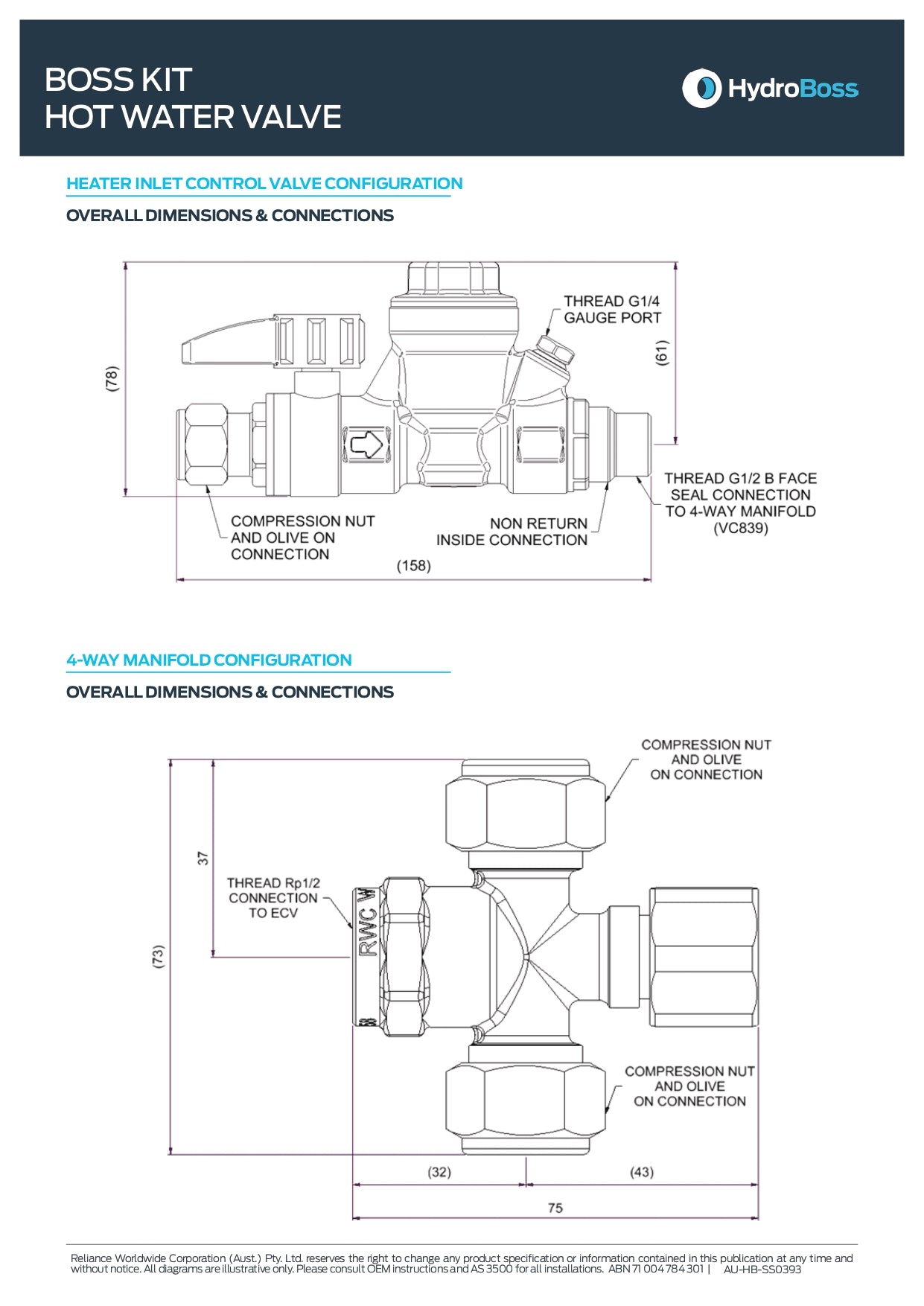 Hydroboss - Hot Water Valve Connection Kit 15mm